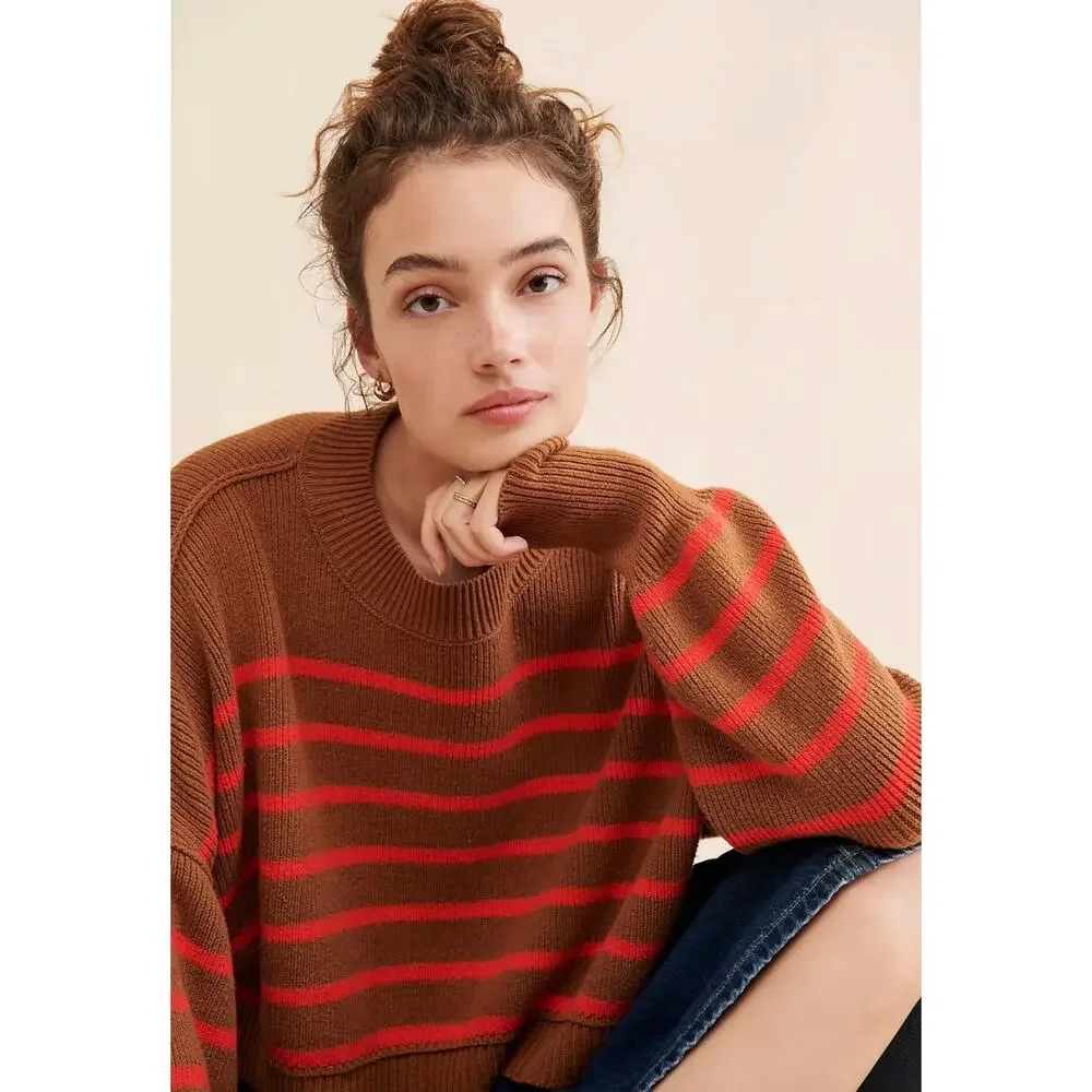 Free People Easy Street Stripe Crop Pullover Sweater Brown Orange Medium